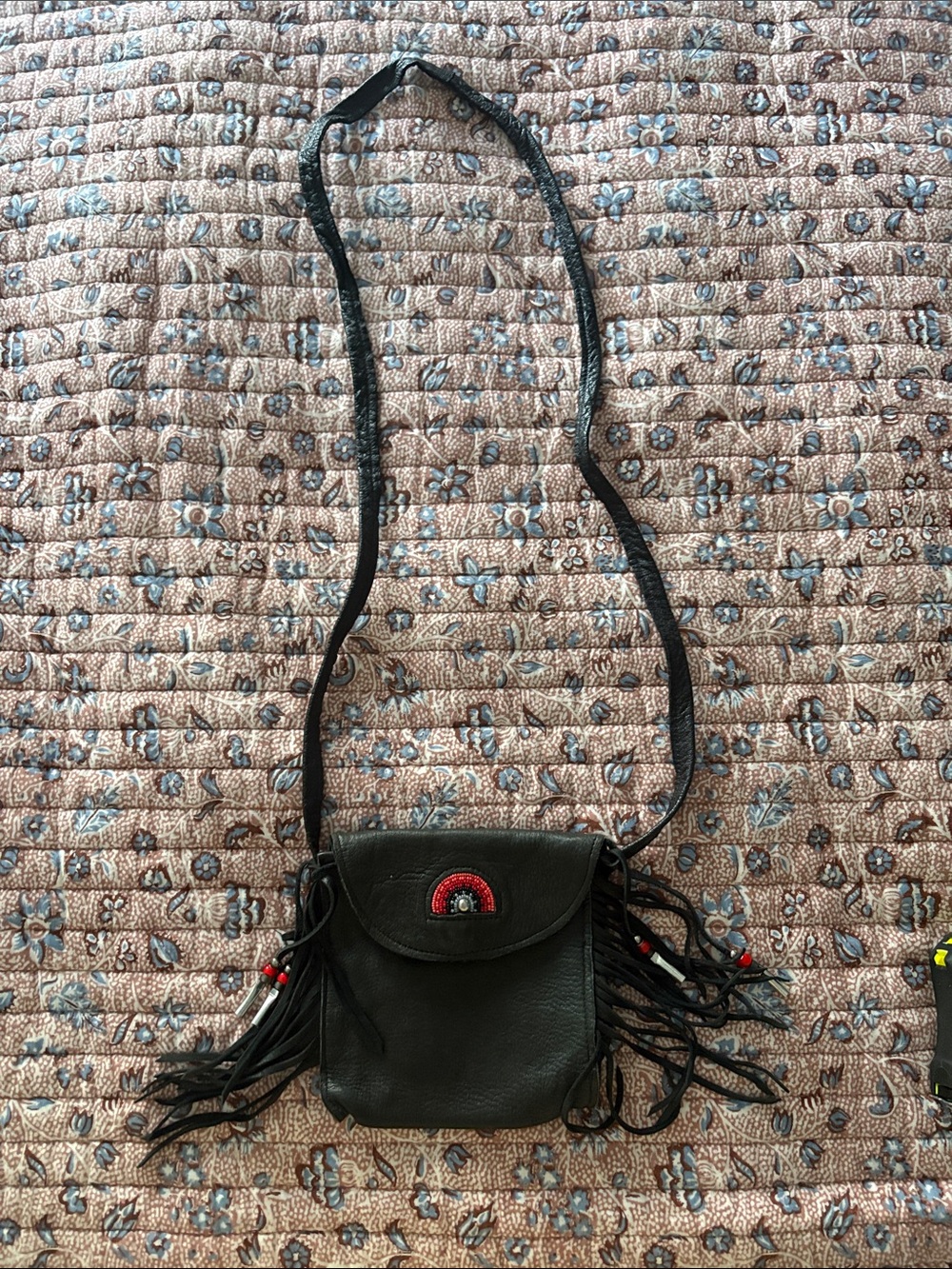 Black Fringe Crossbody Bag with Red Accent